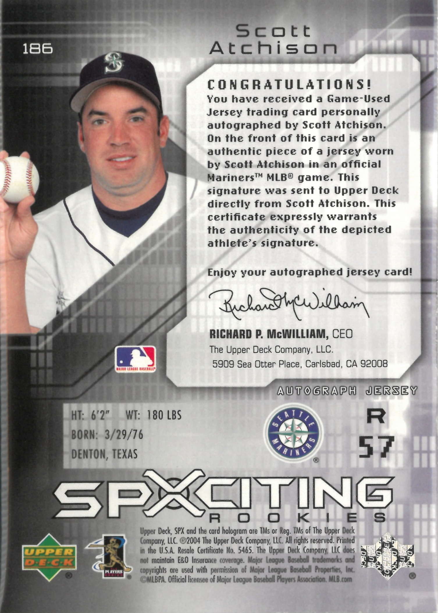 2004 Upper Deck "Scott Atchison" Relic Auto【309/799】#186(スコット・アッチソン)
